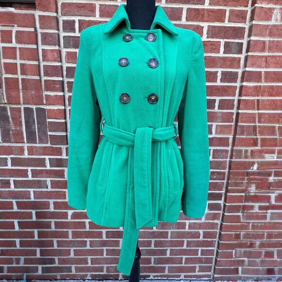 Old Navy Fleece Pea Coat Womens Medium Green Belted Double Breasted Classic - Picture 1 of 9